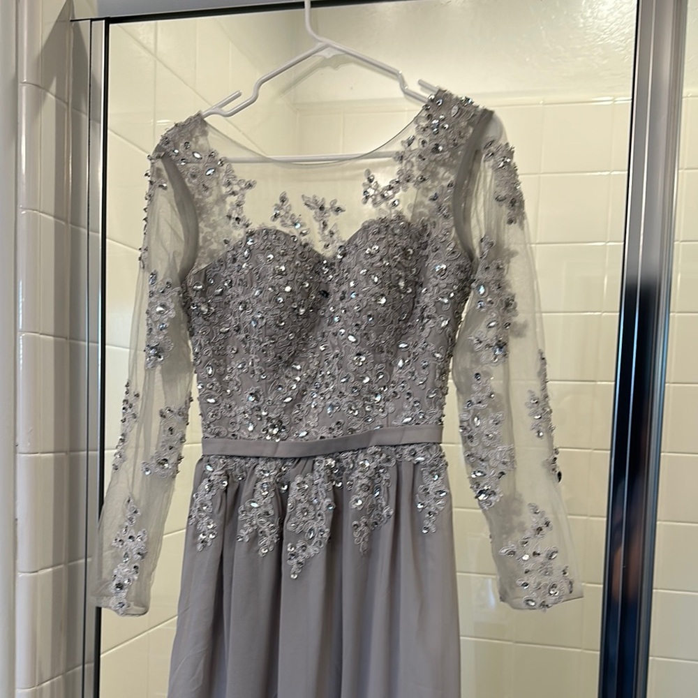 Elegant Silver Embellished Evening Dress